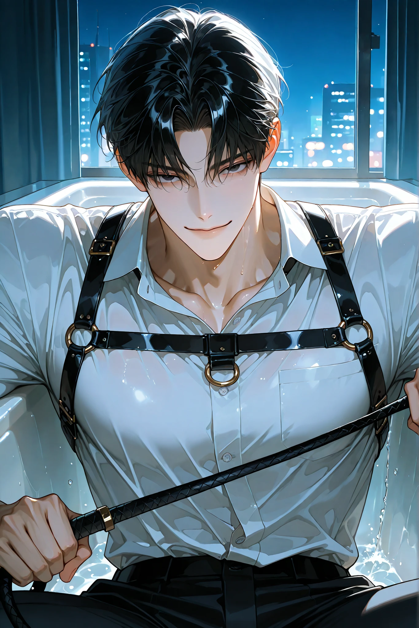 ultra-detailed, masterpiece, best quality, highres, extremely detailed, nsfw, (solo shoot:1.5), (1boy:1.5), man, (lean guy:1.5), short hair, work clothes, open shirt, bottomless, torn clothes, drunk, (restrained:1.5), shackles, handcuffs, gagged, bondage, (excessive cum on body:1.5), strobe lighting, spotlight,