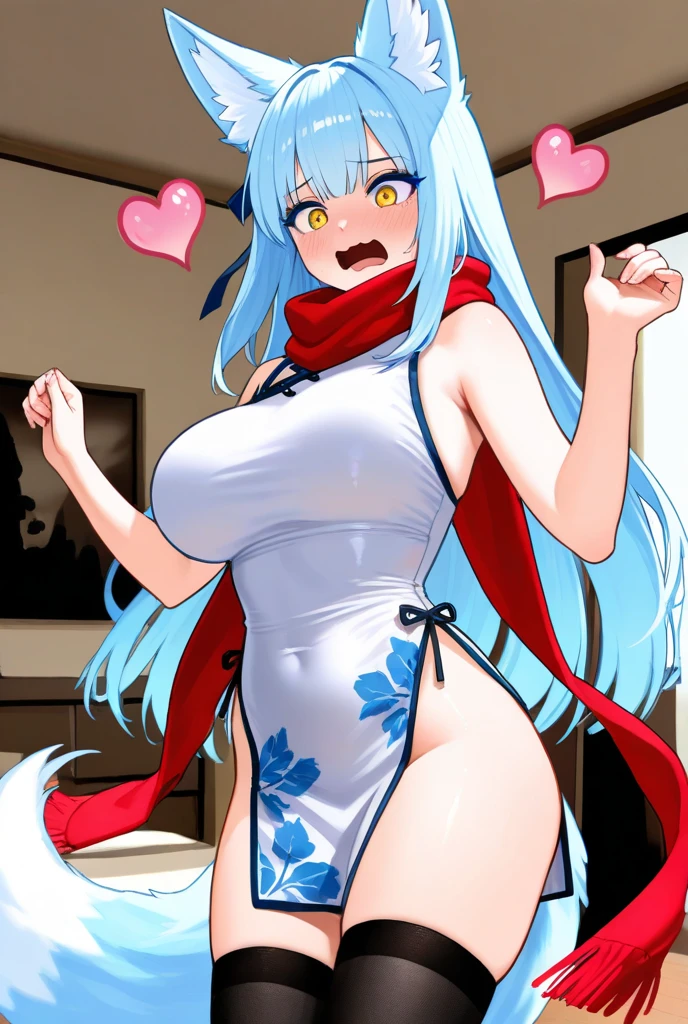 Anime woman, light blue hair, long hair, blue eyes, white skin, seductive body shape, evil smile, red bunny suit, bunny girl, butt saw behind, from behind, ice fingers, licking her hand, blood in hand