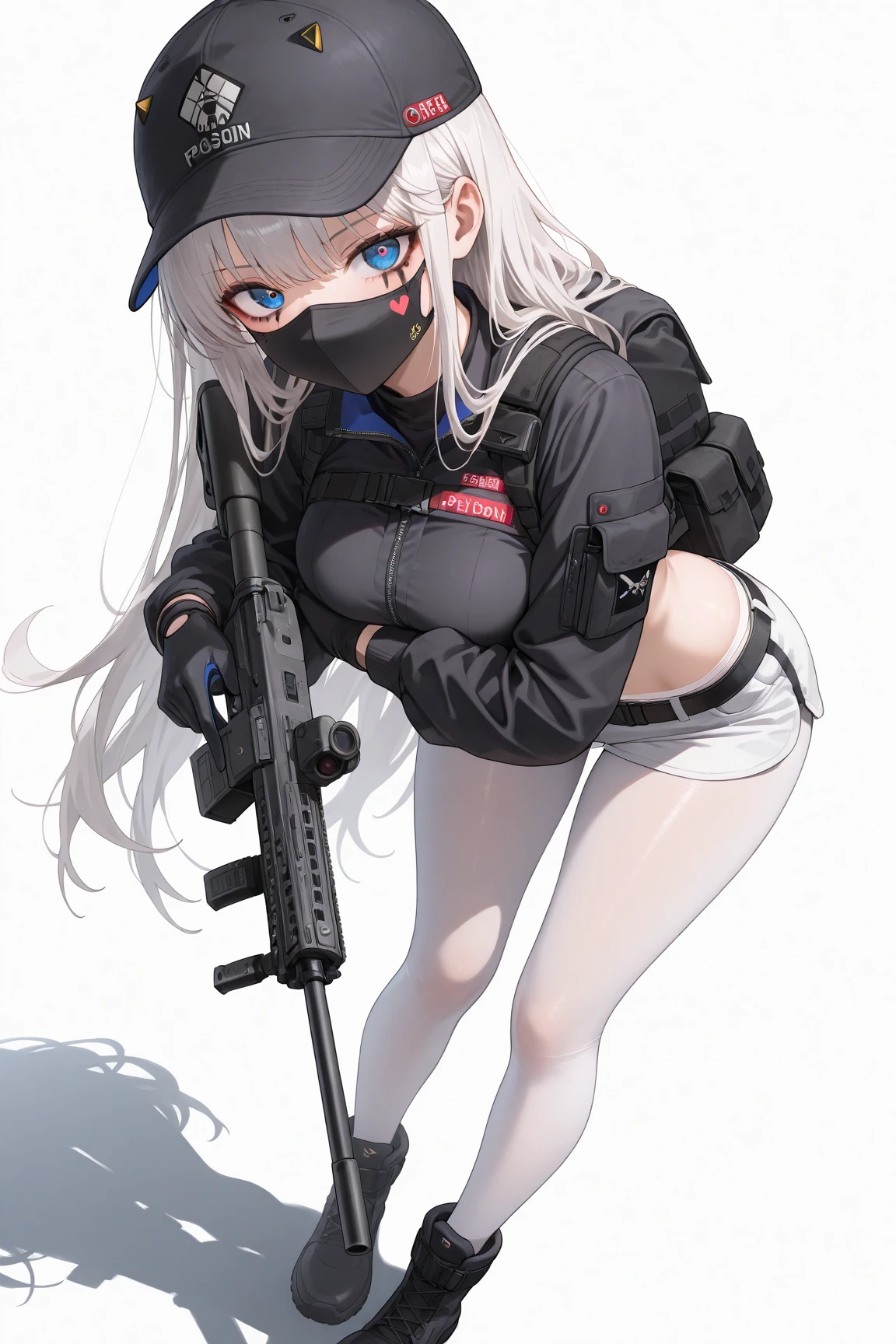 NSFW,1girl,Fox Girl,Slit eyes,Silver Hair,Red eyes,long trimmed hair,high school girl,Police uniform,Mobile Task Force Equipment,Wicked Smile,full Art,skirt lift,BLACK pantie,Pointing a Gun,Handgun,Crotch crack