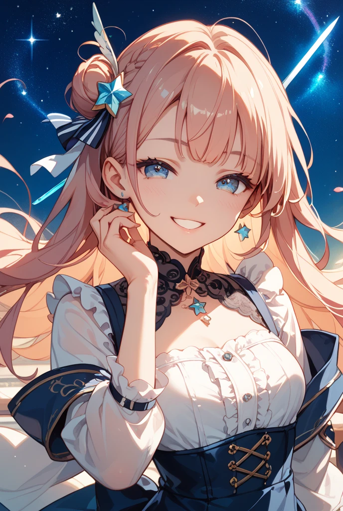 chest out, absurdres, superfine illustration,rainboweffect, highres, ultra detailed,light diffusion,highly detailed light reflection, kaleidoscope, harmonious, best shadow, highly detailed very beautiful big smile face, ;D, beautiful growing crystal diamond star pupil,look at viewer, beautiful detailed hair, solo, dynamic pose, beautiful detailed pink and black ribon, beautiful detailed High school uniform, Fantastic and the whole shines and shooting star and the wind is strong in detail background