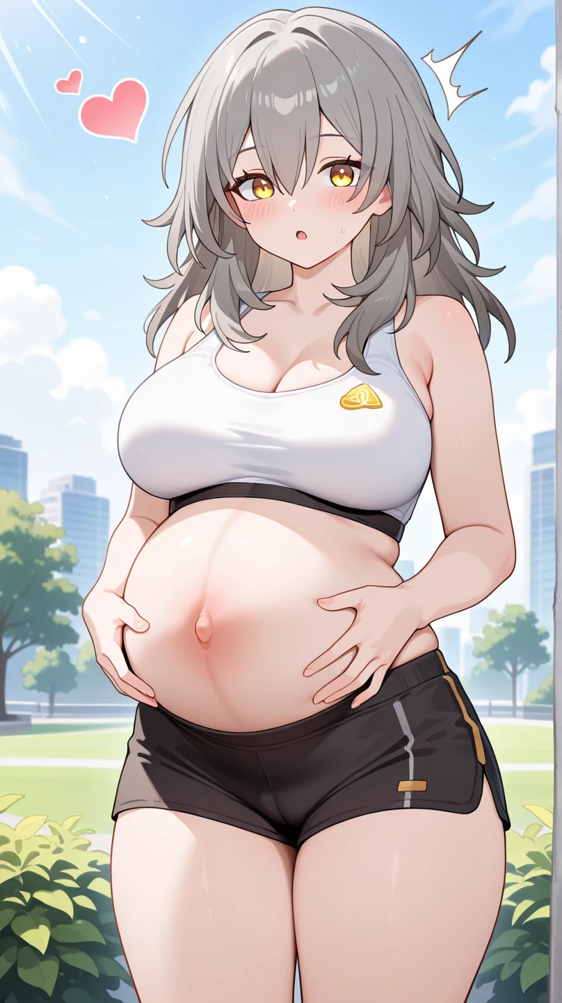 (Full body, glasses, detailed), An image of a pregnant girl wearing japanese clothes with her belly on full display. She has a smug face. (She's very sweaty and steamy)
