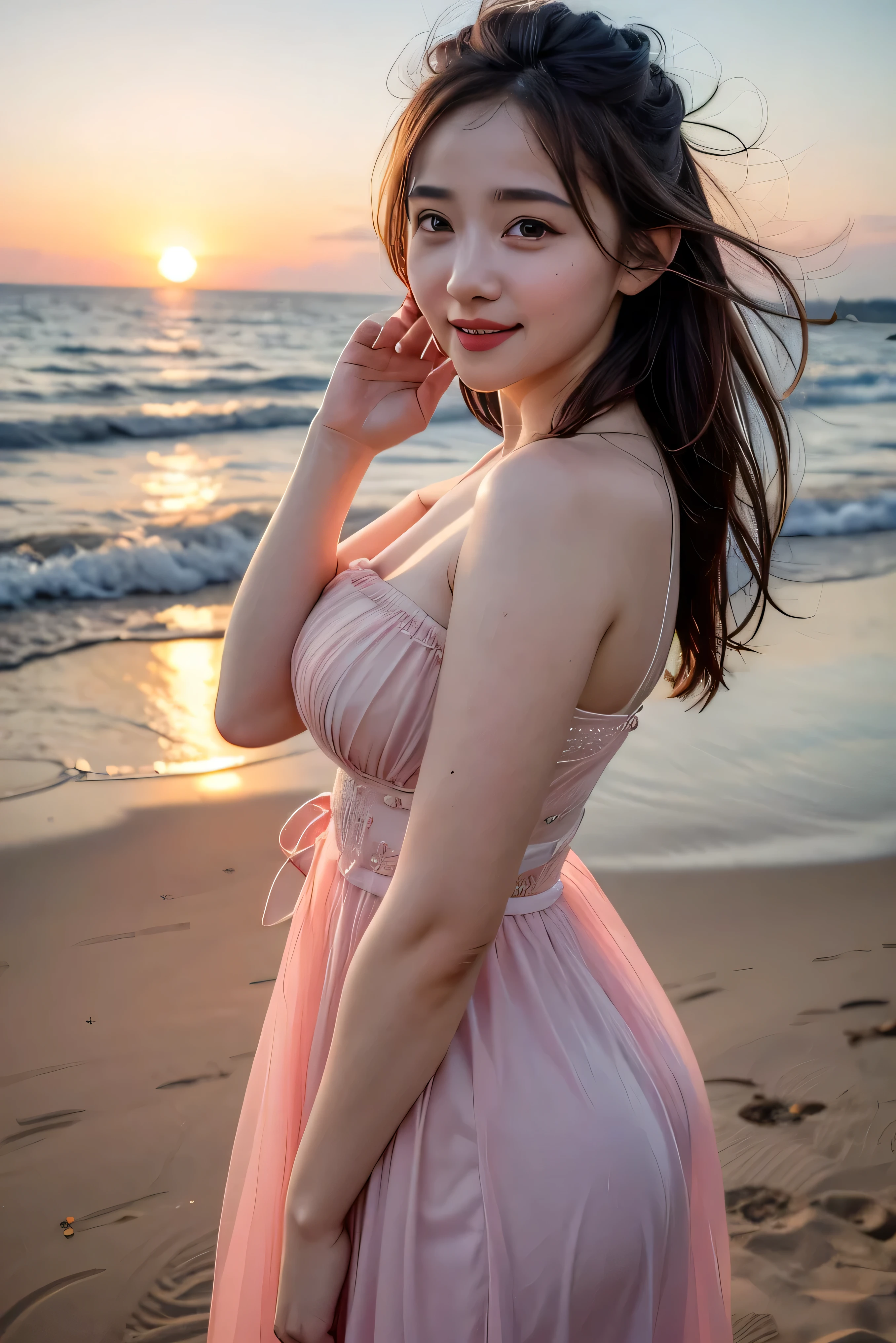 (RAW Photos, Highest quality), (Realistic, Photorealistic:1.3), masterpiece, Very delicate and beautiful, Soft Light, Beautiful detailed girl, (Detailed fingers), 1 girl, Japanese, Pure beauty, cute, young, smile, Beach, sexy, back