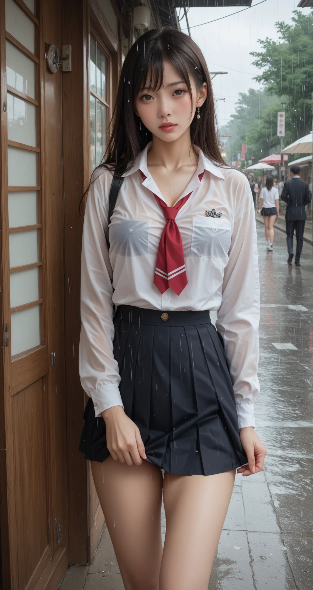 girl cute girl' School)、School playground、Class President、(17 years old)(Are standing:1.4),(look at the camera)、(alone)、(surreal), (shape), (High resolution), (8K), (very detailed), (best shape), (beautiful and detailed eyes), (highest quality), (Super detailed), (masterpiece), (wallpaper), (detailed face),(((one girl)))、(((looking at the viewer:1.2)))、innocent smile、cute smile、a little chubby face、(gentle smile:1.3)、surrealな、(Big eyes)、(double eyelid)、(((high School girl uniform))),((highest quality、8K、masterpiece:1.3))、whole body、from below:1.2、panty shot:1.5、(ultra High resolution:1.2)、big breasts、(white skin:1.2),(bright lighting)、(((Skirt flips up and panties are visible 1.2)))、Mr..々Colored panties、(Korean、Japanese、Chinese:0.3)、(((My uniform got wet from the rain:1.2)))、The dark colored bra is transparent 1.2