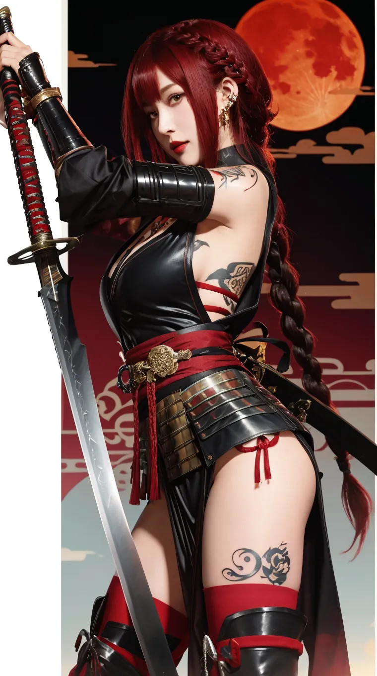 female character, oriental traits, blackquality hair, red cap on hair, fancy dress, carrying a machete