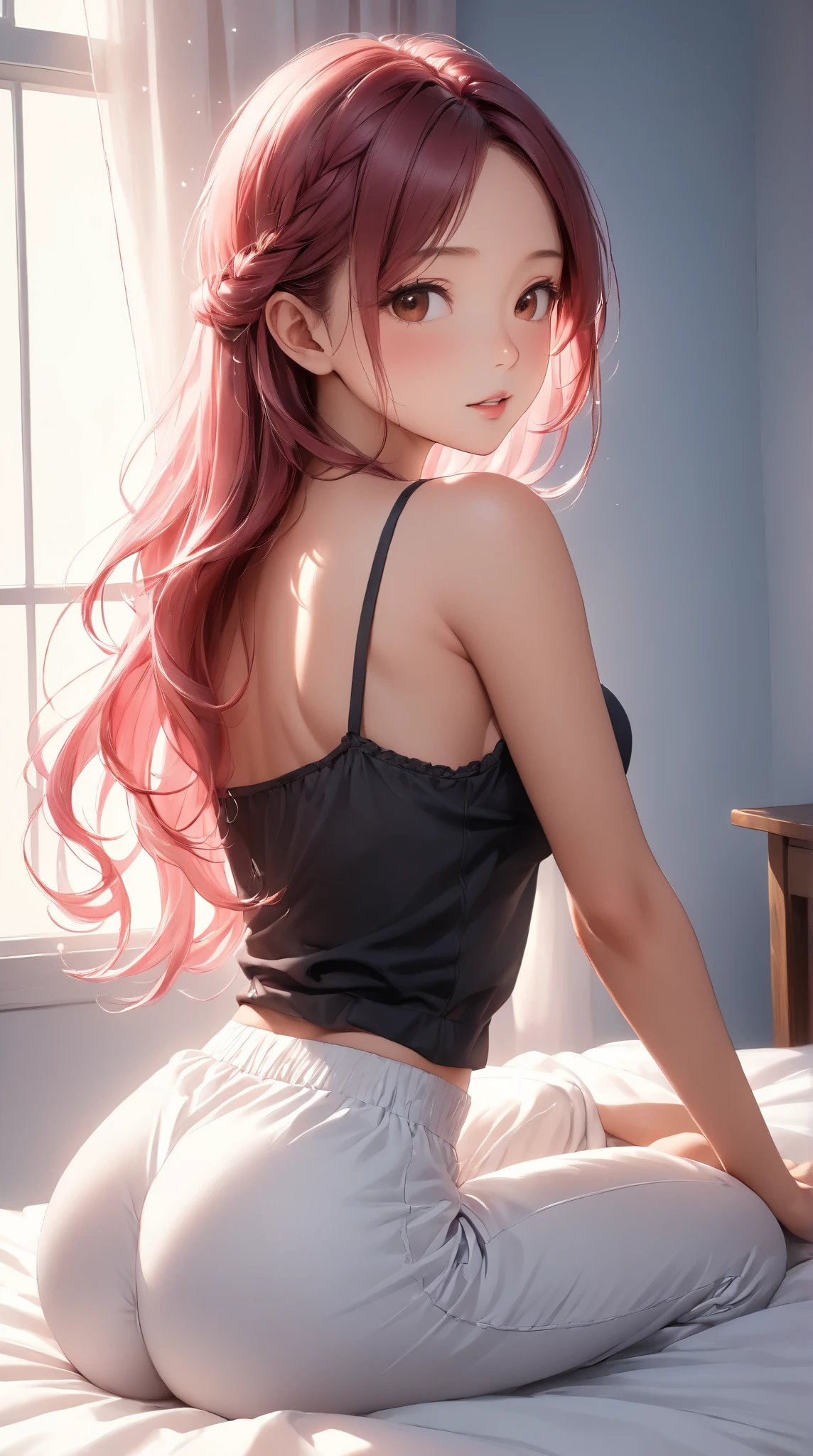tiny flea on red-haired woman, description of nocturnal feeding, modern era, casual clothing, hair strands, flea moving secretly, dimly lit bedroom background, close-up, hyper-realistic, photo realism, cinematography