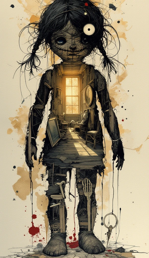 by Gris Grimly, by Jenny Saville, oil painting, 18 years old asian girl,hacksaw, knife, smoking vial, iron tongs, calliper, sundial, sword, mace