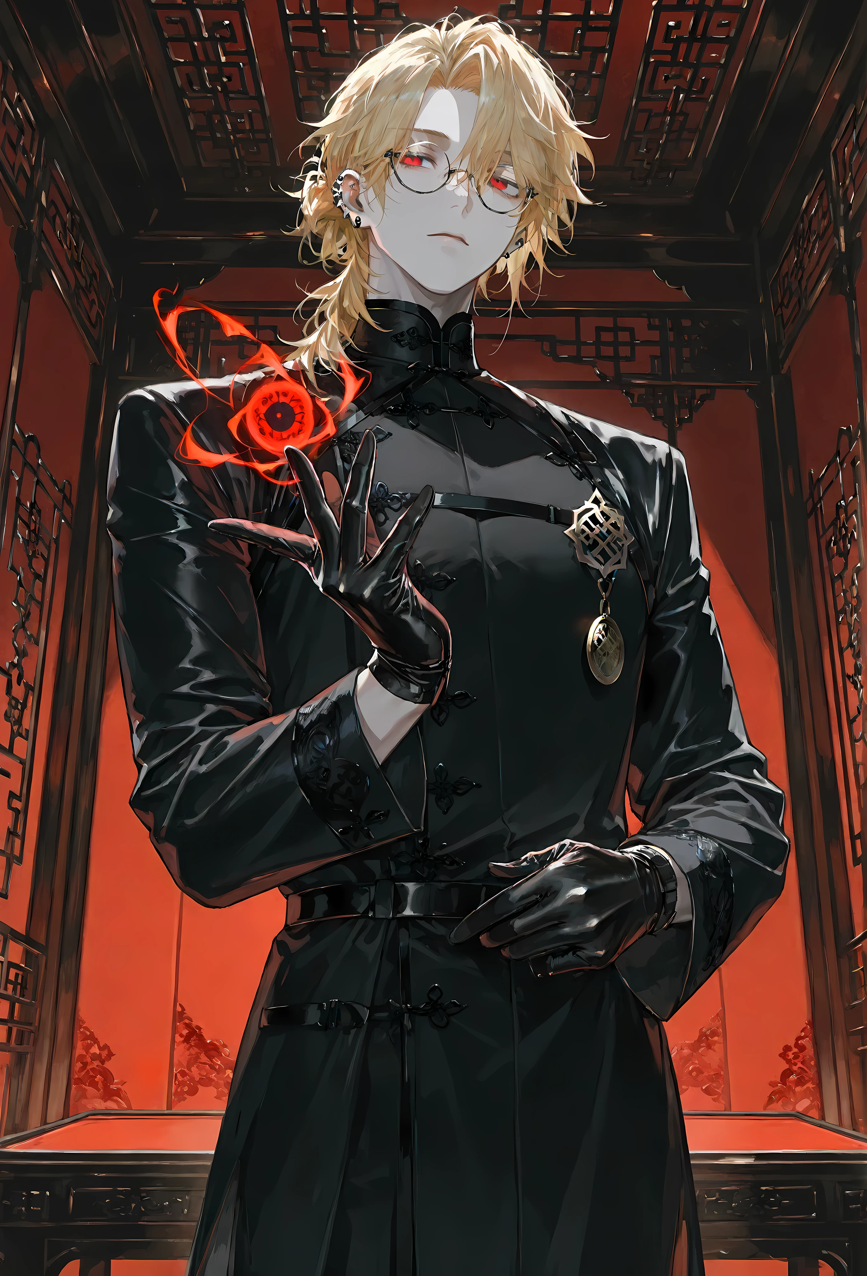 8k, beautiful masterpiece, looking out at the front, alone, super pale skin, Perfect Eyes shape, Athletic Build, ((He wears: Black Elaborate Daopao (道袍), Silver Daoist Amulet, Black Leather Gloves, Pince-nez Glasses)), (((background is Chinese opulent room, looks emotionless and somber while holding a Jian (劍) and using magic))), 1 man, mature man, male-centered, handsome man, handsome, short messy hair, blonde hair, black ear piercings, Thick painted, (((red eyes))), Perfect Eyes, masterpiece, top quality, amazing quality, exquisite details, very detailed, semi-realism art, semi-realism art style