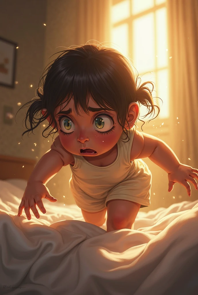 A girl looking under her bed with at night