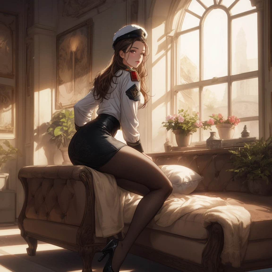 ((full body)), athletic body, muscular, masterpiece, best quality, anime, anatomically accurate, detailed face, pretty face, extremely detailed face, (((1girl))), tall girl, long hair, long legs, slender body, skinny body, small breasts, flat chest, twintails hair, brown hair, framed glasses, ((sitting on chair))), glossy skin, (((black leather peaked cap))), (((black leather corset))), (((black leather panties))), (((black leather high boots))) (((dominatrix clothes))), living room, smirk, brown eyes, mesmerizing hair, (muscular belly), slender hips, thin waist, (perfect feet with fingers very well detailed), (Perfect hands and fingers very well detailed), toenails a little square, bare feet, full body photo, reflection in the eye, dark eyes, anime, Anime Style, cinematic lighting, ray tracing, panorama, Sony FE, high definition, artwork, Anatomically Correct, Textuvermelho Skin, super detail, high quality, high resolution, high definition