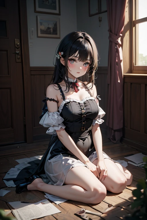1girl in, top-quality、lighting like a movie、maid clothes、Cleavage is exposed、Twin-tailed black hair、a miniskirt、on the beds、open one's legs、white panties、