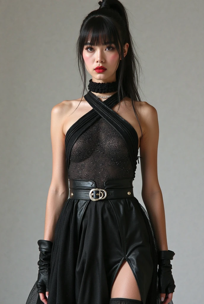 (8K、RAW Photos、Highest quality、masterpiece:1.2)、(Highest quality、Realistic)、1 Girl、((ガーターbelt、Side Ponytail、Tube top、Arm Covers、Ninja costume、mini skirt、tights、Belly button、Gloves、belt、ribbon、See-through、Thin legs、whole body、boots、City of night、View from the front、Looking into the camera、Stand with hands on hips))、cute