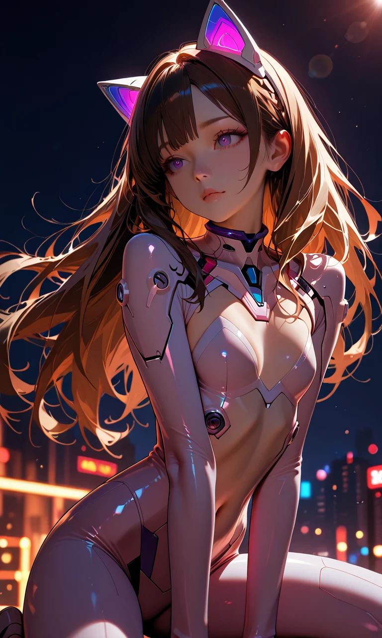 night, rays of light, EoC, Rave, Highres, Lens flare, LED, masterpiece, cinematic lighting, ((((dark scene, dim lit))) bandeau , 1woman, rave festival, perfect skin, long colored hair, toned, cameltoe, focus on chest, focus on legs