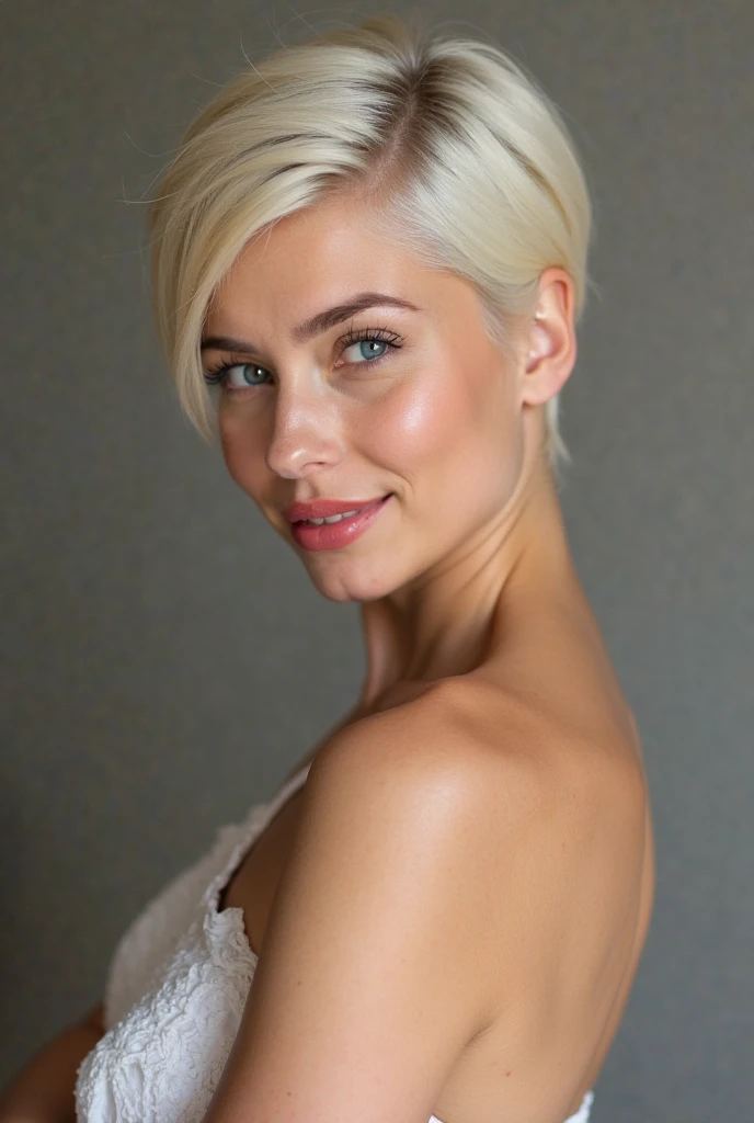 sensual pose of an ultra hot sexy awesome girl, young mature 38 yo, sensually sexy, platinum pixie cut bob short hair , (((very heavy bust))), grayish half-opened minimalist off-shoulder tightly mini dress , full body, waist up, upper knees pose ,wavy hair, gaze at the camera, eyes symmetrical, face symmetrical, realistic:2.2 , bright dimensions specular lighting, Volumetric light for the face, Traced path of hair, detail skin texture , perfect sexy figure , anatomically correct 