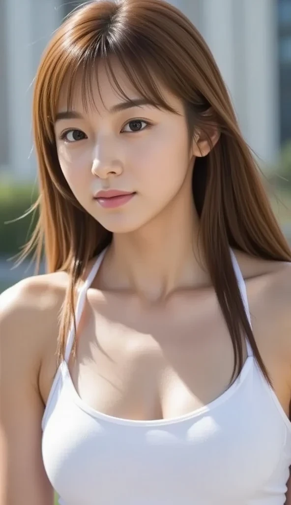Young Japanese Woman, 16 years old, White Background, White brown hair, thin, 4K, In 8K, high quality, beauty, Beautiful Eyes, High resolution,1 person, Beautiful skins, String Bikini, cute、Long hair ponytail