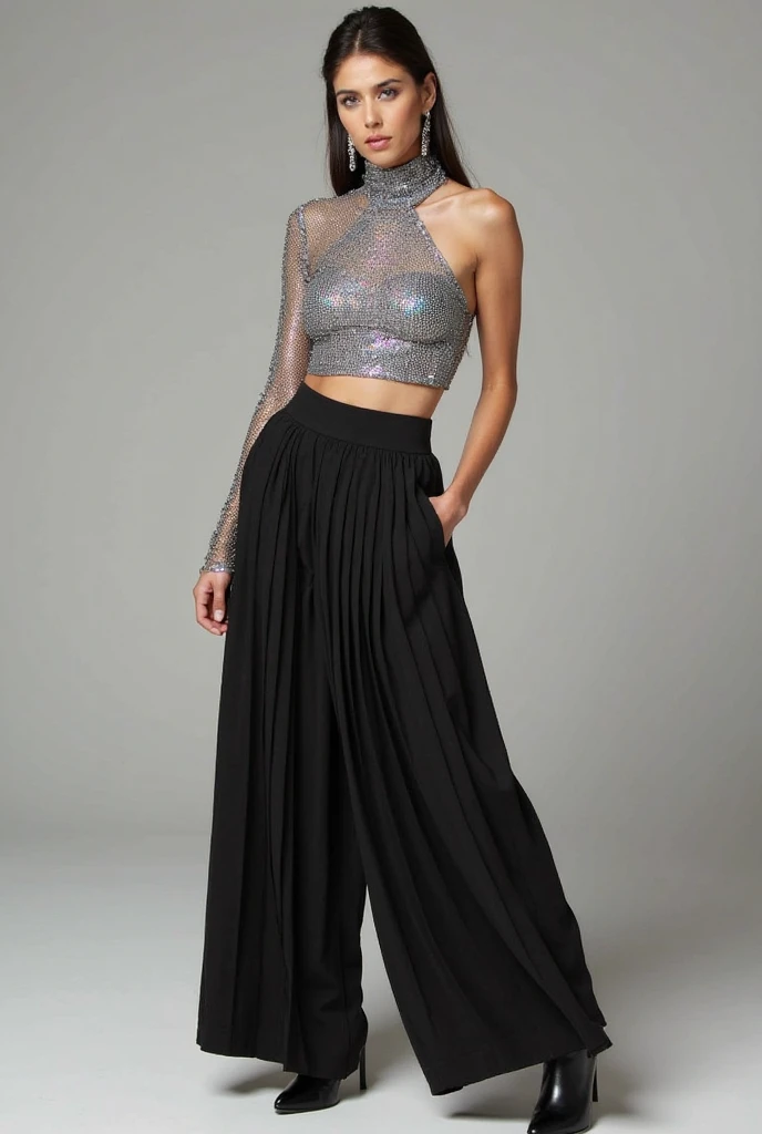 Black tops、Chest emphasis、Blue long skirt、sandal