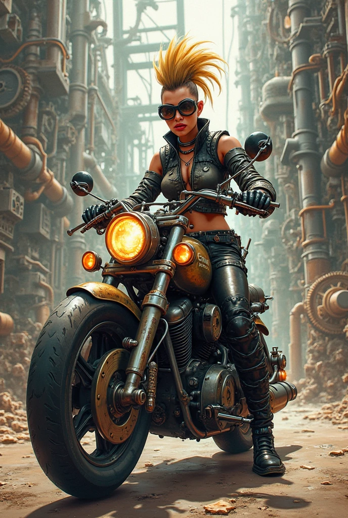 There's a sexzy black african woman with a steam-powered dusky skin, with big boobs,Royal look,helmet, arte conceitual steampunk, sexzy full body view, flying,Wojtek FUS, arte digital steampunk, detailed wild steampunk illustration, Portrait of a gold and copper mechanical city,digital altamente detalhada em 4k, sci-fi steampunk,full body view sitting in steam punk bike