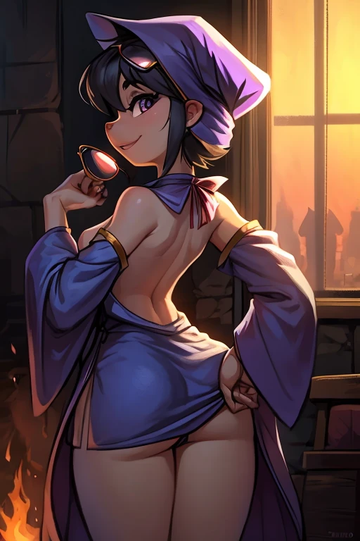 flat chests, nsfw, masterpiece, 1 girl, erect nipples, intricately detailed, topless, navel, bare shoulders, necklace, purple hair, bob cut, purple skirt, waist pouch, magic staff, extremely detailed, photorealistic, octane render, 8 k, unreal engine, bare breasts, puffy nipples, blue eyes, extending hand, fantasy, enchanted, dynamic pose, bare stomach, sweaty, child, small breasts, flat chest, arm strap, full body, outdoors, bangs between eyes, hair ornament, sarong, long skirt, covered legs, night, one ear exposed