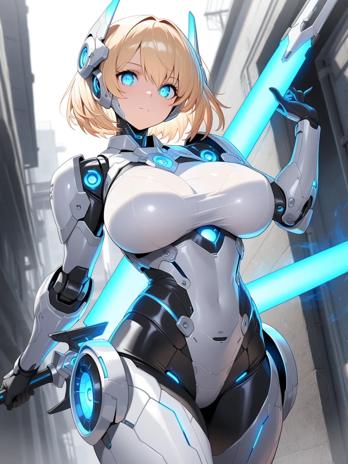 ​masterpiece:1.4, 1girl in ((20yr old, Wearing a futuristic white and silver costume, Tight Fit Bodysuit, long boots, Very gigantic-breasts, Multicolored blonde hair, a short bob, Perfect model body, Blue eyes:1.2, Wearing headphones, Looking out the window of the futuristic sci-fi space station、While admiring the beautiful galaxy:1.2, SFSF control room on night background:1.1, Neon and energetic atmosphere:1.2)) ((Galaxy))