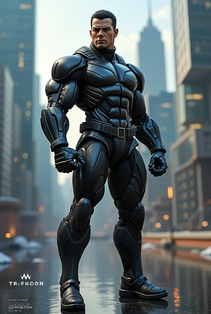Arad man in black and yellow clothes standing on city street, muscular male hero, Buzz cut, conceptual art like Ernest Khalimov, heroic male pose, muscular! Wearing black sunglasses, cyberpunk, stealth suit, super buff and cool, high resolution commission, jigachard muscle, ernest halimov body, character design police, black army boots, charismatic strong male with armor