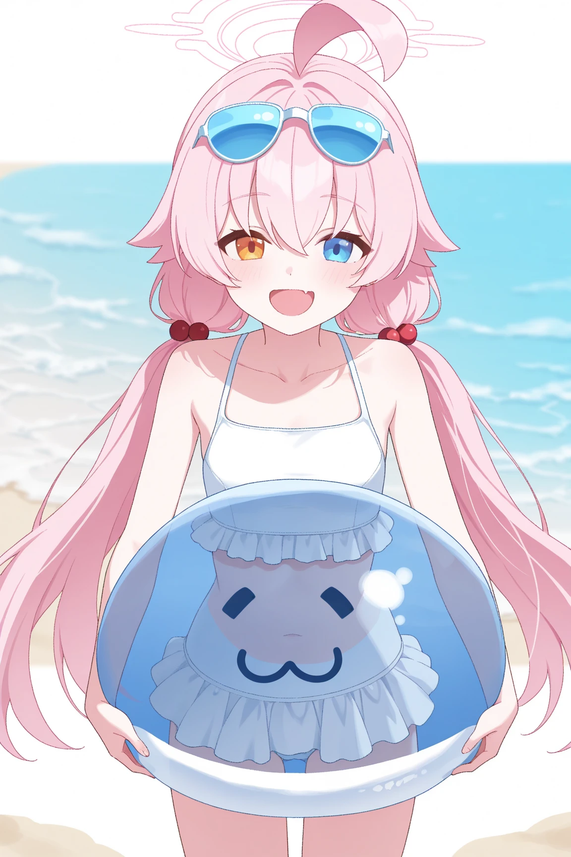 1girl,halo,hoshino_(blue_archive),blue archive,small breasts,swim suit,skinny,long hair,eyewear on head,:d,bikini,heterochromia,yellow eye,blue eye,ahoge,low twintails,hair ornament, beach,ocean,nature,sunshine,sunlight,smile, BREAK blurry background,