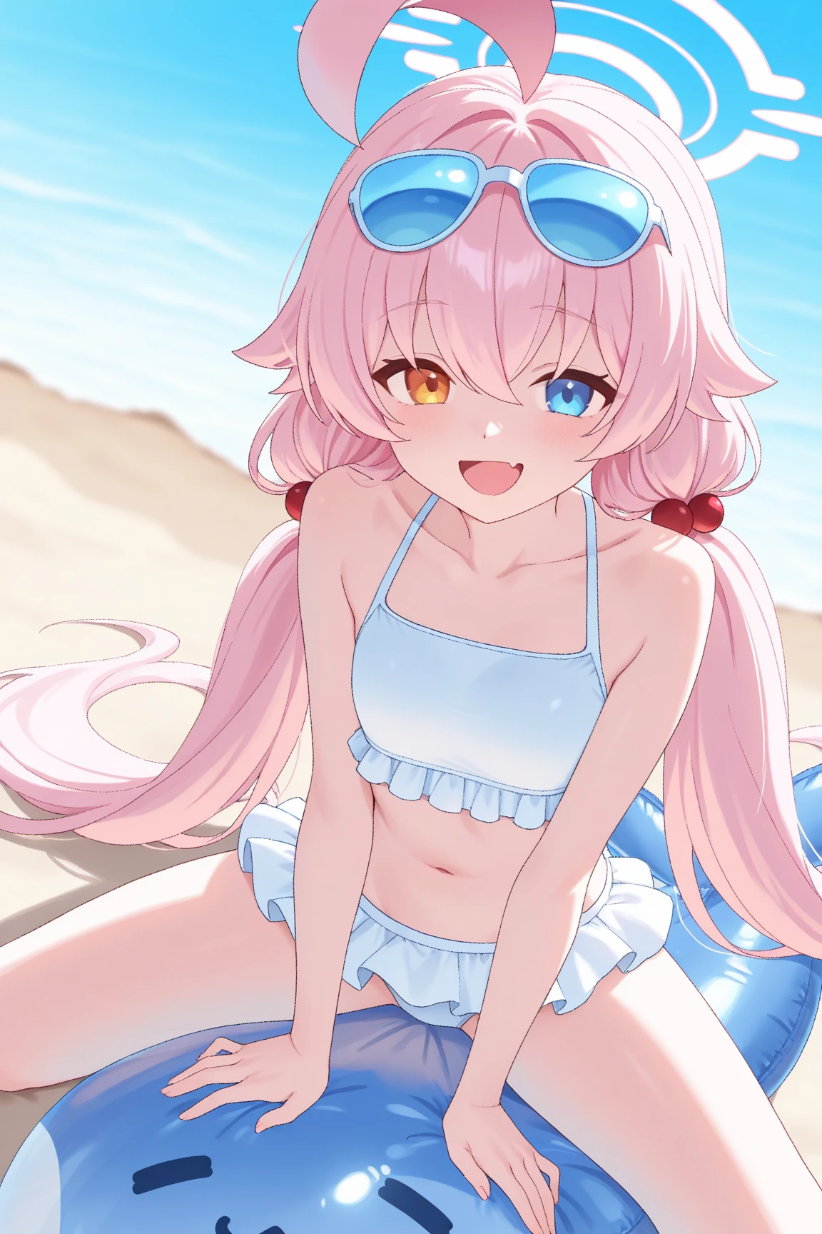 1 girl, (1 boy),Hoshino (blue archive), water着, bikini, heterochromia, pink hair, long hair, twin tails, glasses on head, Ahoge, white bikini, blue eyes, sunglasses, belly button, hair ornaments, outdoor, Hello,evening, beach, small breasts, Ocean, very long hair, frilled bikini, frills, blush, smile, hair bobble, Day, low twin tails, small 胸, open your mouth, null, yellow eyes, clavicle, bangs, water, tooth, Sweat, High resolution,masterpiece, highest quality,topless,nsfw,(vaginal,sex),all fours