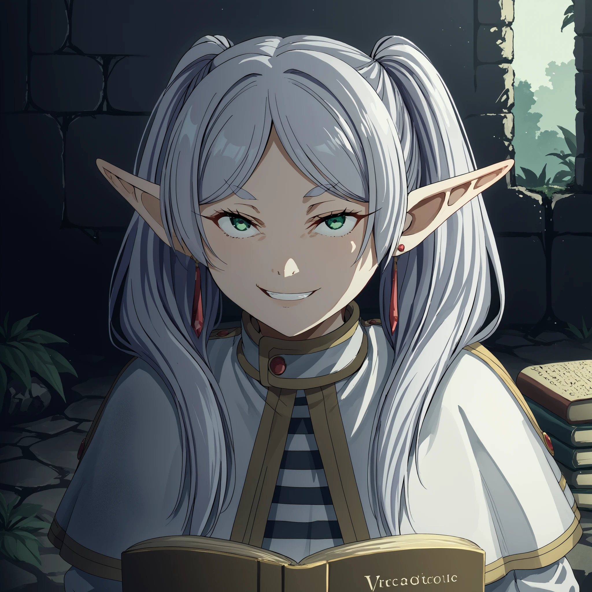 score_9, score_8_superior, score_7_superior, Source_Anime, (masterpiece, top quality), Perfect drawing、top qualityのCG、detailed digital illustration、Highless、sharp focus, hi-res, Newest, 1girl, solo, official style,Freeze, long hair, twin tails, green eyes, gray hair, Pointed Ears, Elf, small breasts, Animeのスクリーンキャプチャ, shirt, long sleeve, gem, earrings, stripes, capelet, stripes shirt, stone brick, moss, Ruins, smile, grin, evil smile, looking at viewer, (books in one bundle, spreading books)