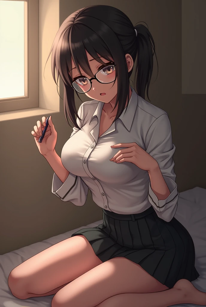 Browsing Caution, (Official Art、highest quality、Unity 8k wallpaper、32k、masterpiece、Ultra-detailed、Ultra-high resolution、Realistic、Photorealistic:1.2)、(Natural soft light:1.2)、Fire Glow Effect、Film Grain、Best Shadow、Side light、Side Shot、(Highly detailed and intricate 3D rendering)、Beautiful face and eyes in every detail、Sharp pupils、Realistic pupils, nipples and breasts、smile、High heels、Woman in skirt and shirt sitting on the desk, Office Clothes, on the desk, Sit at a desk, Sitting at a desk,Bent knees、Spread your legs、Spread your legs、Panty shot、 Business casual attire, Sexy、Business attire, At work, Wearing a suit and glasses, Fully clothed, business attire, Embarrassing, smile、business suit、Cleavage、Sexy、Leaning forward,