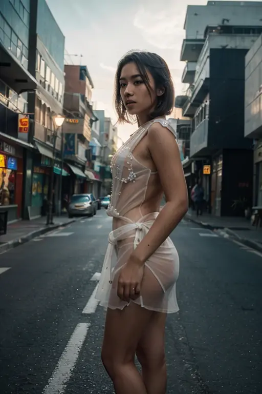 13 year old girl with medium length black hair, children's pigtails hair, Latina facial structure, cry expression, tears running down her cheeks, she wearing a white sheer evening dress, bare shoulders, visible nipples, marked nipples, she in a dark street, full body view