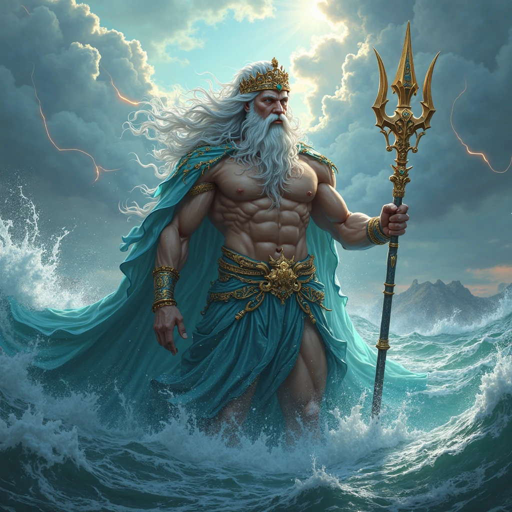 Na imagem fantasiosa de Poseidon, The formidable Greek god of seas and storms, vemos uma figura imponente e majestosa, shrouded in an aura of mystery and power.
He is depicted on the seabed, in his oceanic kingdom, surrounded by crystal clear waters and mysterious currents that evoke the vastness of the ocean.
A pele de Poseidon tem um brilho azulado, representing its connection to the depths of the sea and the vastness of the oceans.
Seus cabelos escuros flutuam ao vento, imitando as ondas do mar, and seashells and corals adorn its head, symbolizing your connection to the marine world.
Poseidon is dressed in a light fabric tunic, which blends harmoniously with the surrounding waters, showing its integration with the elements of the sea.
In one hand, ele segura um tridente poderoso, The iconic symbol of his divinity, representing their dominance over the waters and their ability to control tides and storms.
Ao seu redor, criaturas marinhas de todas as formas e tamanhos nadam ao seu redor, incluindo golfinhos, baleias e peixes coloridos, todos prestando homenagem ao seu rei dos mares.
in sky, Seagulls fly in circles, symbolizing your connection to these seabirds, who are considered his messengers.
The scenery is a stunning seascape, with coral reefs and aquatic plants, highlighting his position as the god of the seas and marine life.
This fanciful image of Poseidon personifies his aura of mystery and power, retratando-o como um deus soberano e majestoso. He is represented as a divine figure whose presence inspires respect and awe, while he rules the depths of the oceans and marine phenomena, trazendo vida e desafios aos navegantes e marinheiros.
