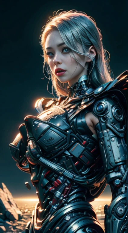 Freya Mavor, a beautiful woman cyborg warrior in the Style-RustMagic, cyberpunk augmentation, cyberware, cyborg, carbon fiber, chrome, implants, metal skull, bloody, cyber plate armor,( dark atmosphere:1.2), (dark night:1.3), scars, (dark short disheveled hair:1.1), (black eyeshadow:1.1), (beautifully detailed glow:1.1), detailed, Cinematic light, intricate detail, highres, rounded eyes, detailed facial features, high detail, sharp focus, smooth, aesthetic, extremely detailed, insanely detailed and intricate dark industrial factory background, slim body, stylish pose, <lora:Freya-Mavor-v10:0.7>