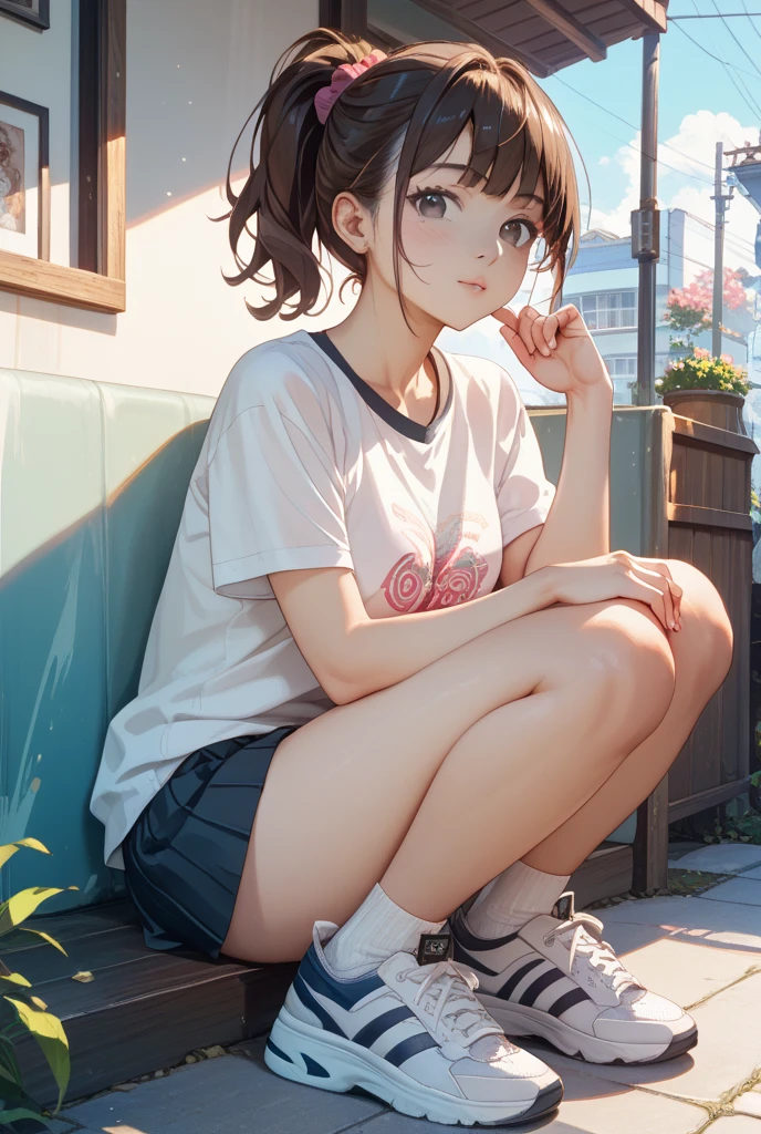 girl，Long Hair，Brown Hair，Ice perm in one hand，Shade，Crouch down，summer，hot day，Sunny