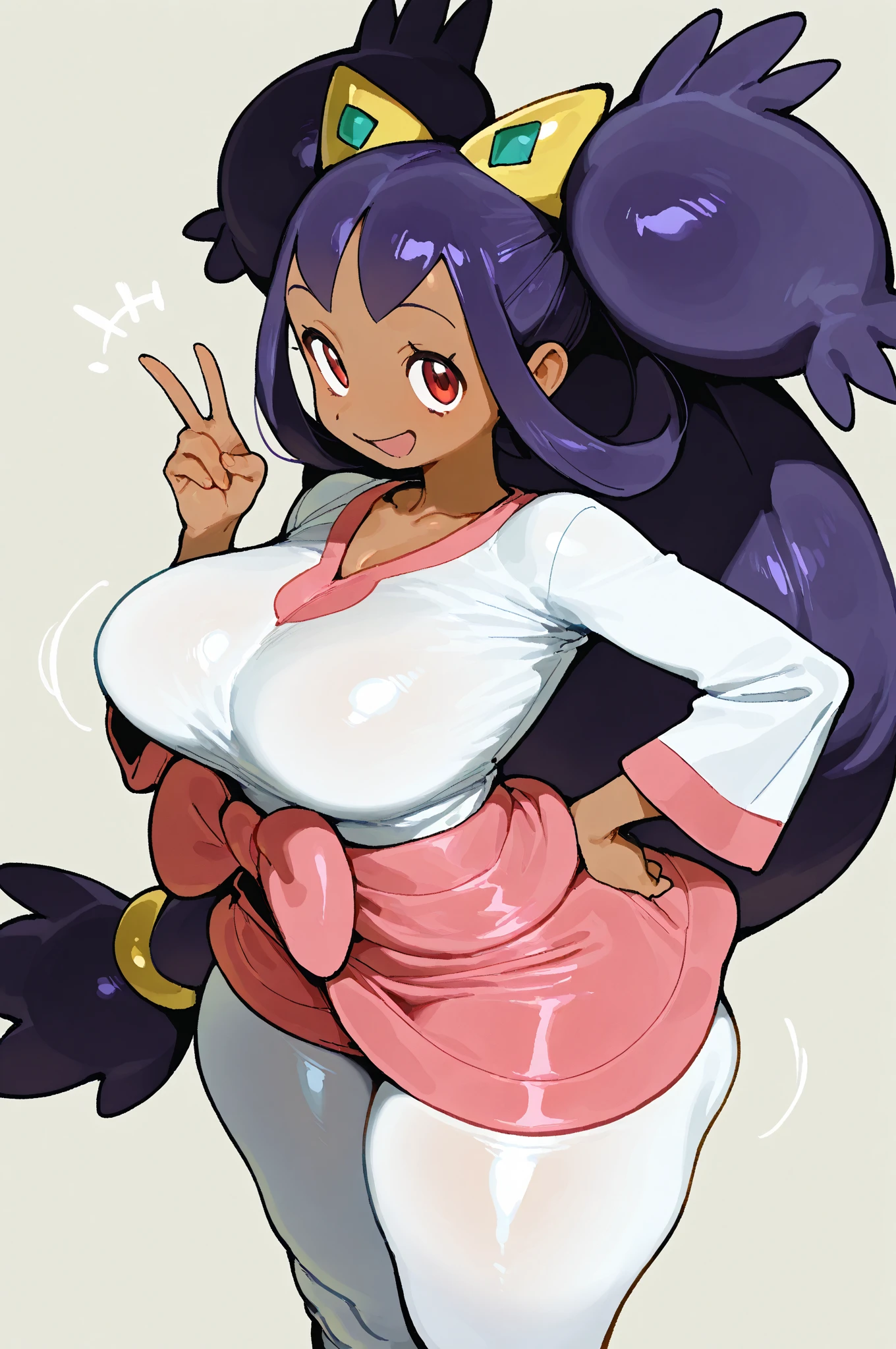 Huge breasts、blush、Sweat、In the heat、(The whole body is visible)、iris \(pokemon\), purple hair, long hair, red eyes, dark skin, big hair,
hair ornament, white leggings, long sleeves, miniskirt, pink skirt,
{Highest quality}, {so beautiful}, {Very detailed}, {Best illustrations},