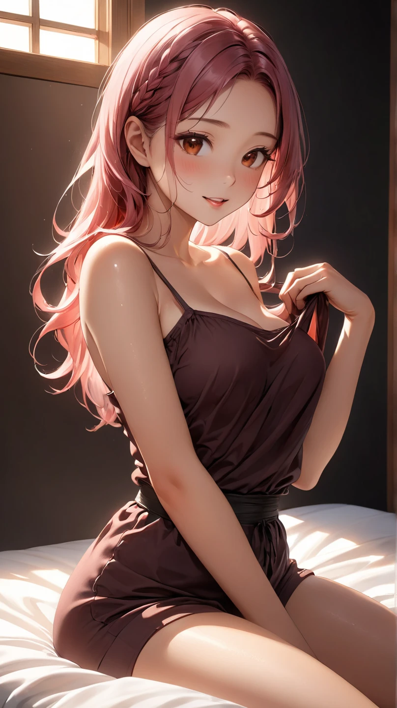 (masterpiece:1.2, Highest quality), (Realistic, photoRealistic:1.2), Beautiful illustrations, (Natural Side Lighting, Cinema Lighting), ,
View your viewers, 1 girl, Japanese, 2, Perfect Face, Cute and symmetrical face, Glowing Skin,
(Long Hair:1.5, Messy Hair:1.6, Pink Hair), Crossed bangs, Droopy eyes, Red eyes, Watery eye,Hold back the climax,Long eyelashes, (Large Breasts), thin,
Beautiful Hair, Beautiful Face, Beautiful attention to detail, Beautiful clavicle, Beautiful body, Beautiful breasts, Beautiful thighs, Beautiful feet, Beautiful fingers, ????? nipples,
((Sleeveless sweater, bottomless,Knee socks)), ),Open your mouth,evening, (Living room minimalist),Watery eye,Ahegao, sofa, Open your mouth、Upward glance,On the bed