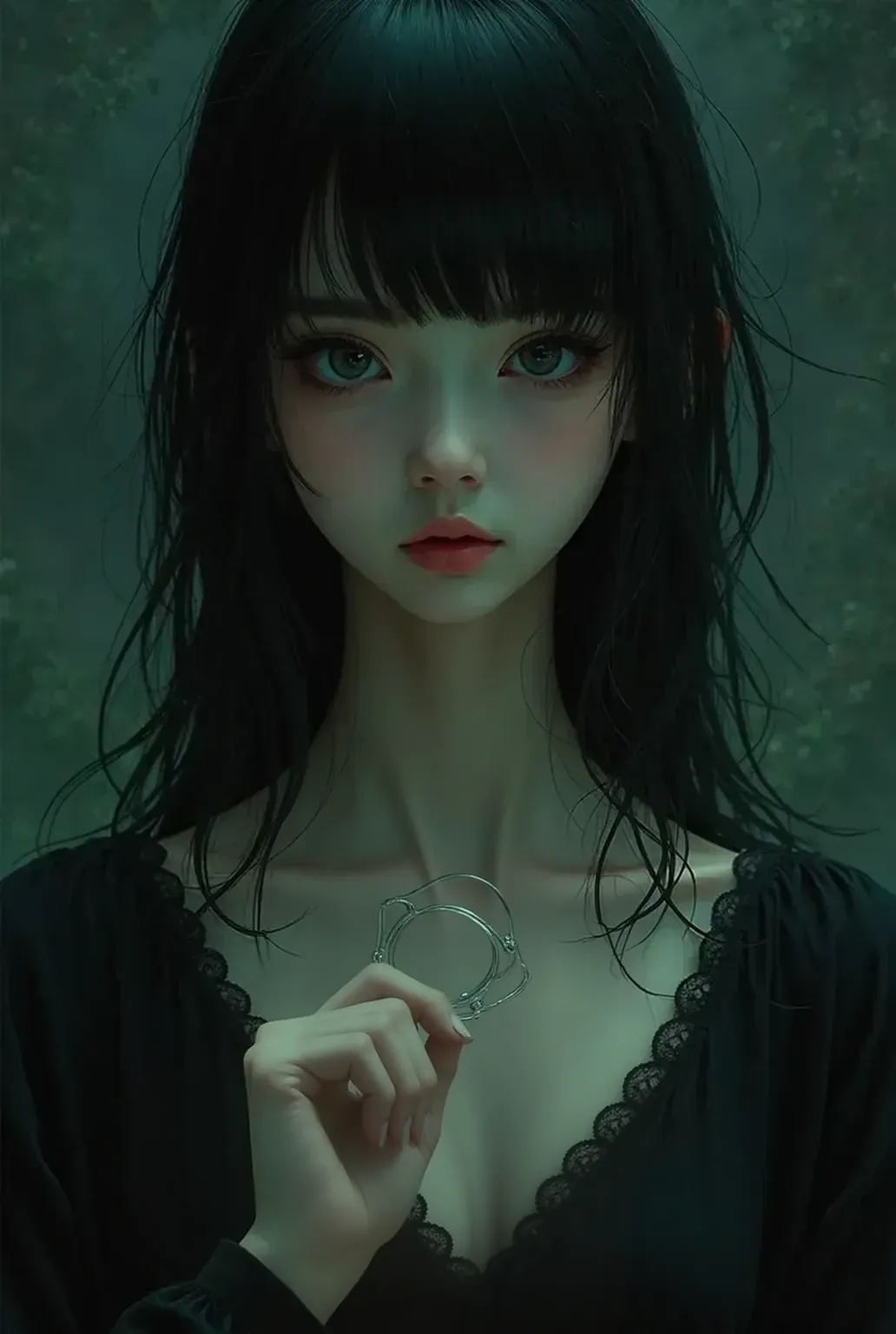 draw a girl with black long hair, dark green eyes, with a short straight fringe, thin eyebrows and in a transparent latex dress, a cross necklace around the neck. Bottom view, Behind