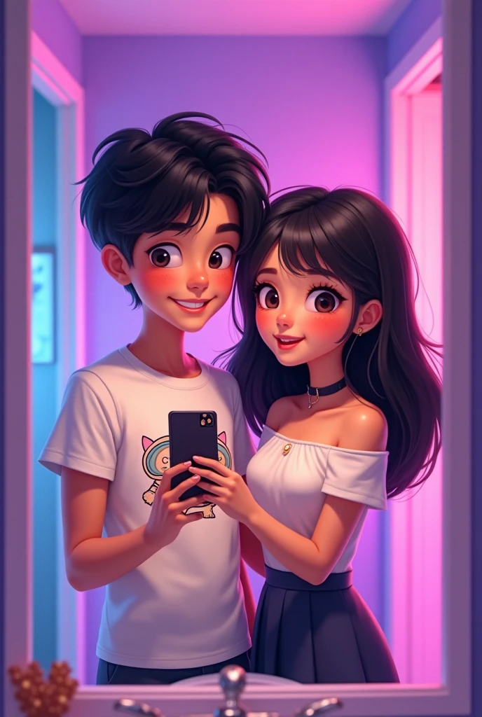 Pixar-style image of a couple taking a photo in the bathroom mirror, The woman is smiling and taking the photo with her cell phone, She is wearing a purple blouse , The young man has dark curly hair, with a cut that leaves the sides shorter and volume on top. He has a slim build and is wearing a white T-shirt.. His skin tone is light, y aunque is in profile, You can see that he is taller than the young woman.
The young woman has long, straight hair., coffee colored. Her skin is also light. She is wearing a short T-shirt that reveals part of her abdomen., and appears to be wearing dark shorts. He has a slim build and is smiling broadly..It shows a couple hugging in front of a mirror., both smiling. The young man with curly hair, dressed in a white t-shirt, is in profile, Looking down, while the young woman holds the cell phone to take the photo, showing a big smile. The photo was taken in a bathroom,