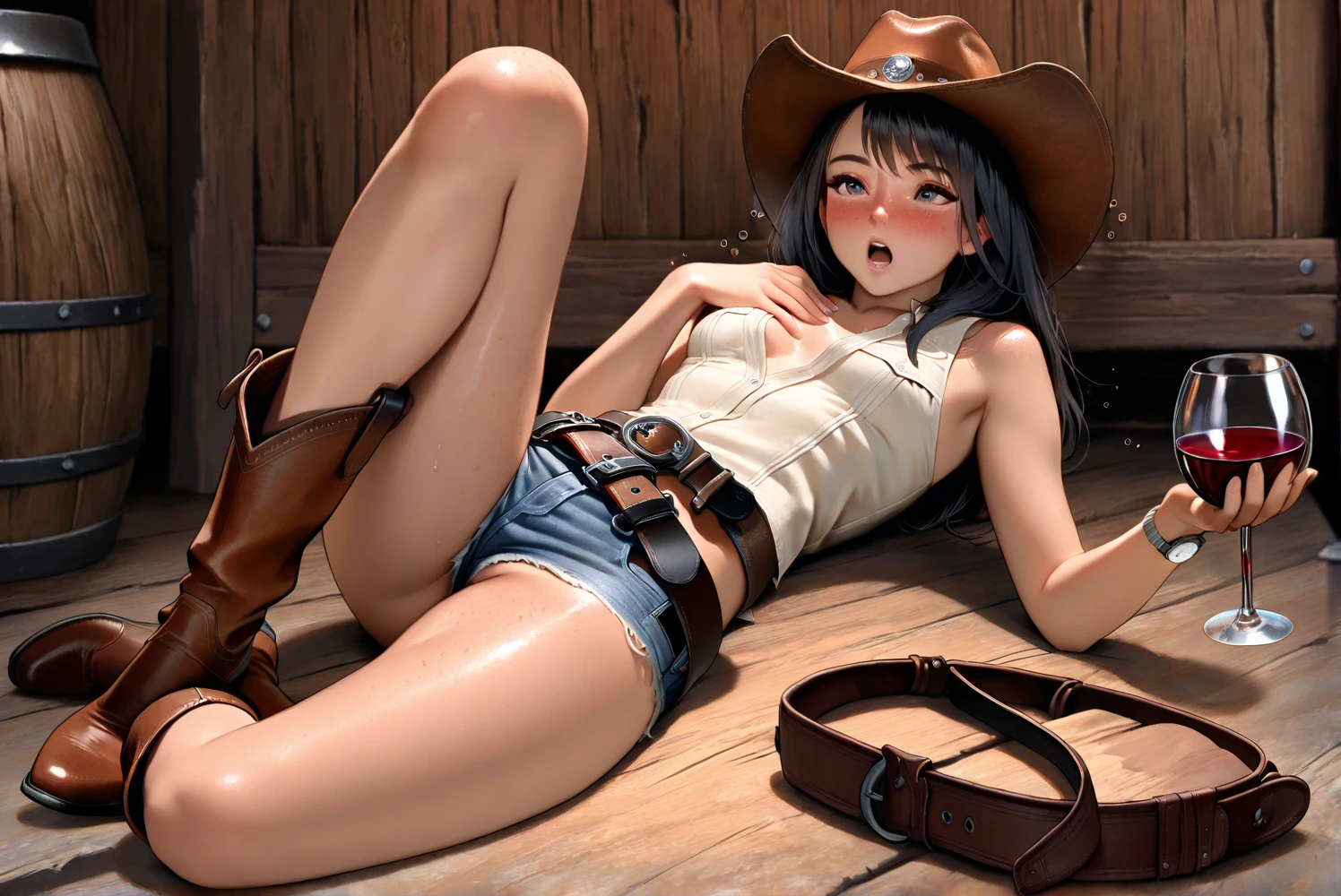 (((1 person:2.0))),(((NSFW:1.8))),((Nude:1.8))),(((naked:1.8))),(((Slim body:1.8))),(((Brown gun belt with holster:2.0))),(((Gun in holster:2.5))),((Brown cowboy hat:1.8)),((Wear a wrist watch:2.5))),(((Showing cleavage))),(((Exposed thin inner thighs))),(((Small breasts:1.5))),(((nakedの腕))),(((Her hair is black))),((Blushed:1.2)), Beautiful detailed girl, Very detailed目と顔, 緻密でBeautiful Eyes, Very detailed, High resolution, Highest quality, masterpiece, Very detailed, 8k wallpaper, wonderful, finely, Highest quality,(Standing in front of a wooden wall),Beautiful Eyes,((Engage your audience:1.2)),(((Full Body Shot:2.0))),((Low - Angle:1.2)),((Put your right hand on your chest:1.5)),((Drinking whiskey:1.4)),(((Drunk,Sit with your legs apart:1.8)))