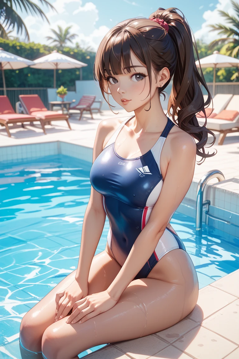 very cute and beautiful girl, (beautiful face and very detailed eyes), (red white latex 1 piece swimsuit),
standing, at the edge of the swimming pool, small colorful flowers on the meadows,
(smile), looking at viewer, black hair, cowboy photo,
(best quality,masterpiece:1.0),absurd,high resolution,ultra-detailed,extremely detailed,32k,
cinematic scene,detailed background,single player,dynamic angle,
hair fluttering in the wind, beautiful detailed sky,
