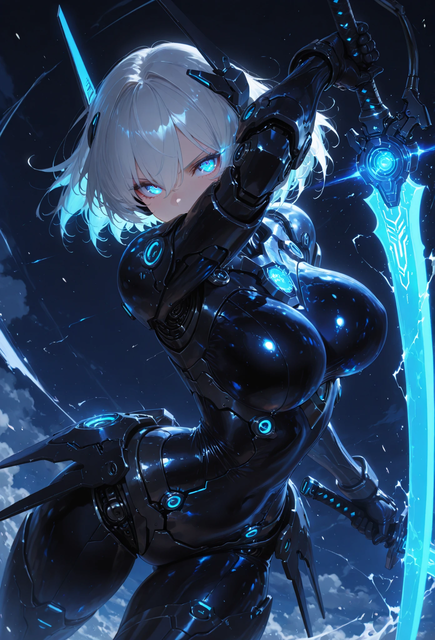 (masterpiece, best quality:1.2), mio_(xenoblade), 1girl, animal_ears, armor, ass, bodysuit, braid, cat_ears, from_behind, grey_hair, light_particles, looking_at_viewer, looking_back, official_alternate_costume, short_hair, single_braid, skin_tight, solo, standing