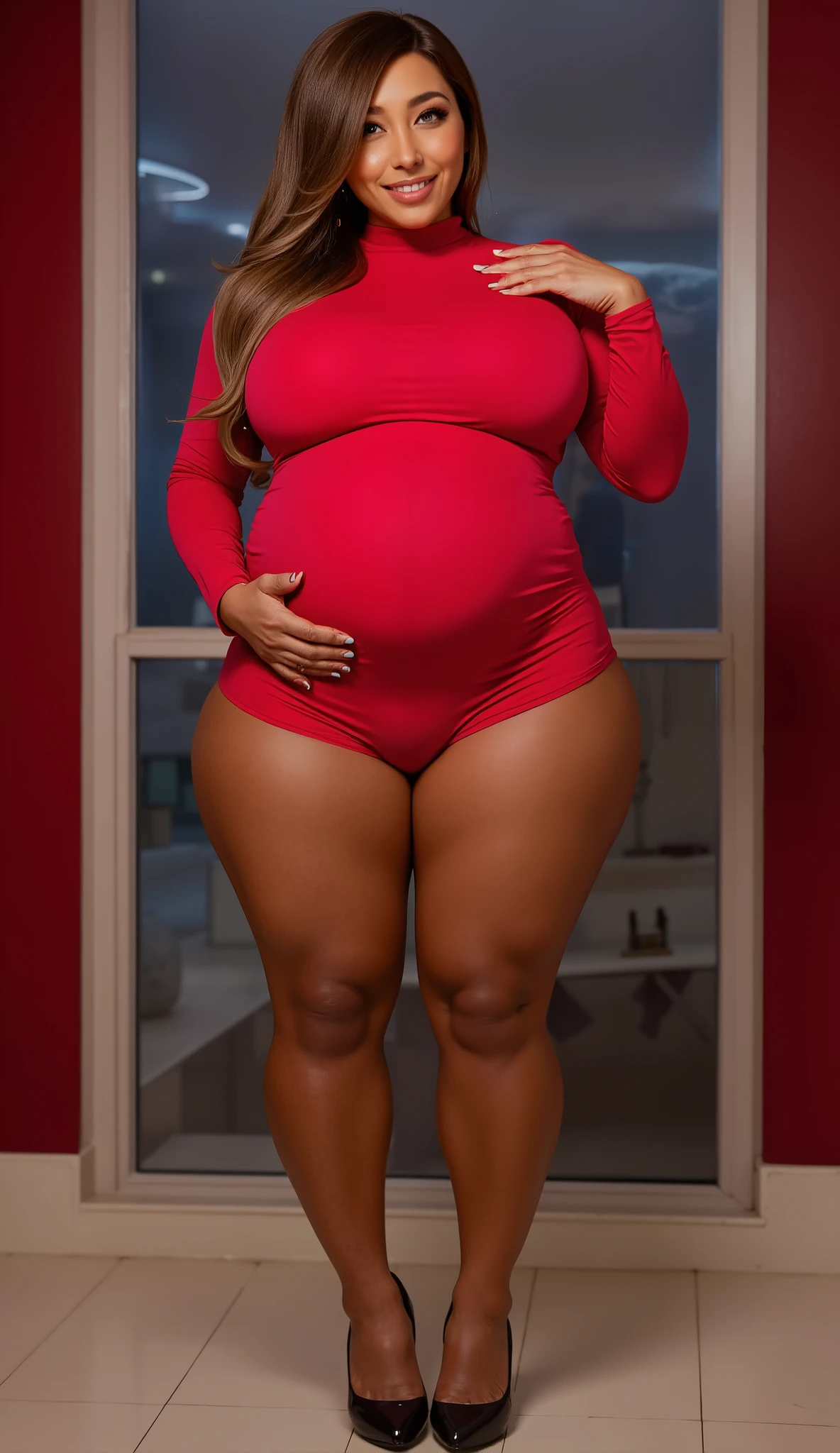 dark skin Amazon Woman with HUGE gigantic booty, Hair: She has a very long neon wavy fade mohawk. small waist abs, big ass thighs, tiny waistline, photo realistic skin, Synthwave, UHD, Womancore, DSLR, white room, photography, by DynastySeries, no nudity, with the worlds 🌎 largest buttocks, big full lips, her legs are thickly beautiful wide and shapely and she wears red boots that cover her feet up to the aankles, by DynastySeries, voluptuousness, long neon nightgown🌙, Face: like Angela Bassett. Image style + definition: (ultra realistic photo, feminine figure, portraits, intense detail #HyperAss #BottomHeavy #WideHips #HugeAss