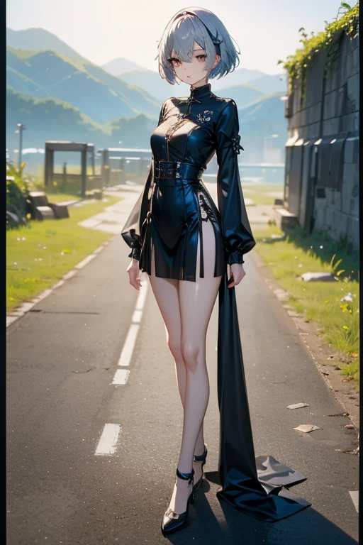 ((Masterpiece, art, detailed face, detailed background, Full body)) Cute and Elegant cyborg girl leaning on motorcycle, nice leg, high heel, dramatically standing, cyberpunk theme