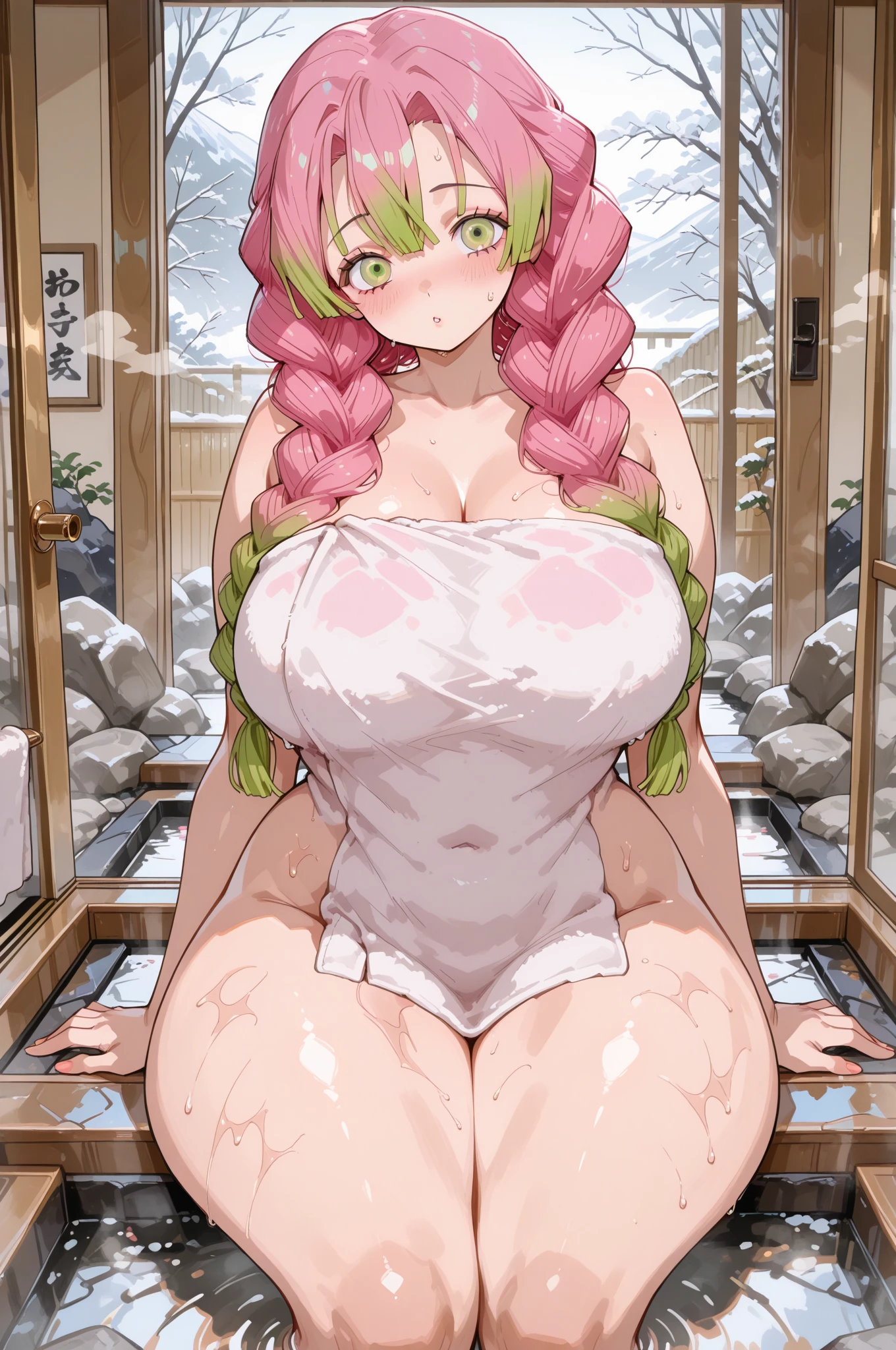 nsfw:1.5,Highest quality、Ultra-high resolution、Detailed Background、masterpiece、Anatomically correct、Detailed face、Beautiful face in every detail、The tips of the hair are yellow-green、cute20代の美少女、Kanroji Mitsuri、Pink Hair、Braided Bob、Huge breasts、Realistic、Perfect body line、Calm atmosphere、Express yourself with confidence、charm、Wet Skin、Moisturized skin、
(Enjoying the hot springs with a slightly embarrassed look on her face:1.5)、(Cowboy Shot:1.3)、Wrap yourself in a bath towel and soak in the hot springs、Screaming Folds'Onsen areas are places where you can enjoy beautiful nature and hot springs..、
We also recommend relaxing at hot springs in Gifu Prefecture, such as Gero Onsen and Kusatsu Onsen..、cute、Wide-open legs、Sitting with legs apart、vagina、SEX、((Overflowing Sex Fluids:1.8))、strong old man、An old man is grabbing her chest、((Fuck from behind:1.5))、One leg raised、large areolae:1.2