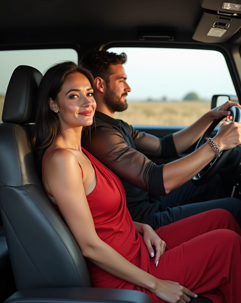 Couple, man and a womanx  in the front seat of a car both wearing black ans white drinking red wine and enjoying
