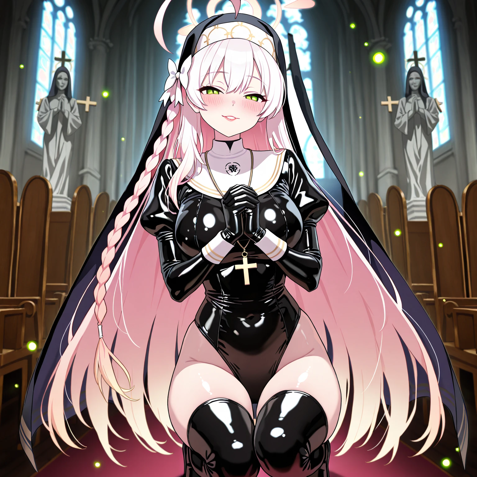 (masterpiece),(((official))),best quality,amazing fine details,high resolution,all intricate,line drawing,solo,evil,mature woman,silver long hair,side locks,blunt bungs,hime cut,fusion of nun outfit and leotard,glamorous perfect female proportion,captivating smile,beautiful detailed black latex nun leotard,cross,cleavage cut out,knitted corset,extremely shiny fabric,extremely wrinkled fabric,puffy sleeve,elbow gloves,gleaming skin,cloth reflecting light,ultra beautiful detailed background,breast enhancement,sexy cut out,sitting,spread legs,high heel,arm pit,open mouth,from below,church background,candle light,