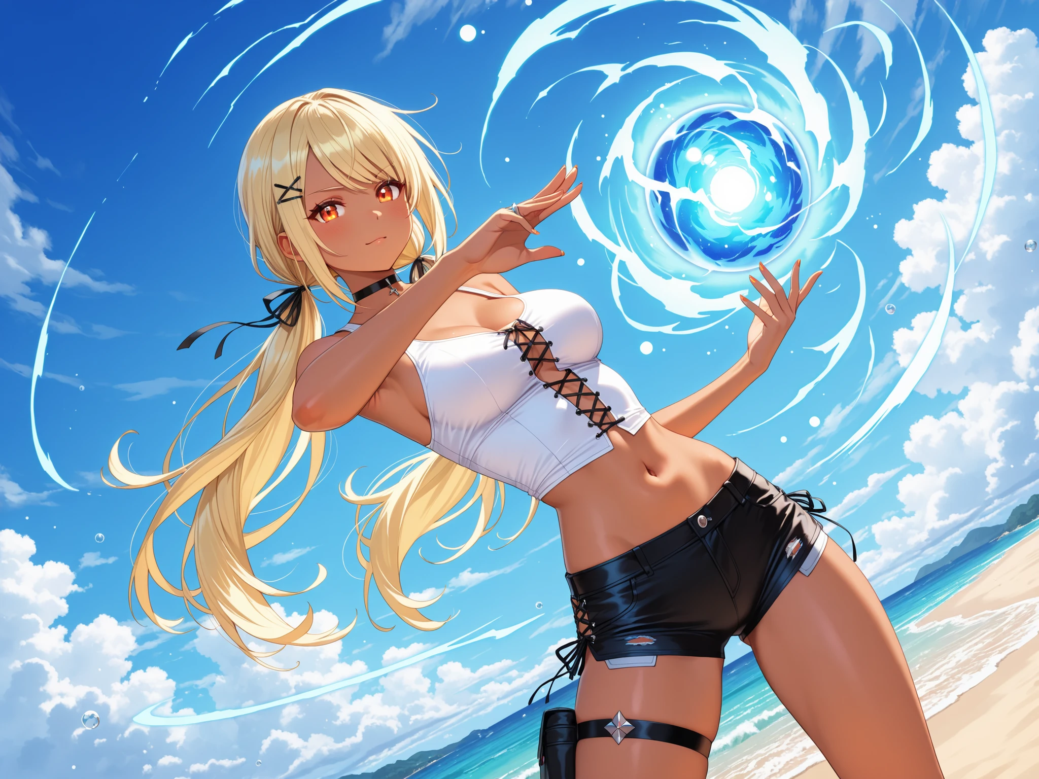 solo,masterpiece,best quality, masterpiece, Super detailed,High resolution,Extremely detailed CG,QpiCos1 dark skinned female, orange eyes, blonde hair, long hair, low twintail, hair ribbon, hairclip, choker, white shirt, midriff, black shorts, thigh strap,medium ,white tank top, cross-laced clothes、cleavagbreasts,(masterdetailed:1.2),rasengan, blue energy ball:0.4 ,rasengan pose, wind effect, ball on hand,