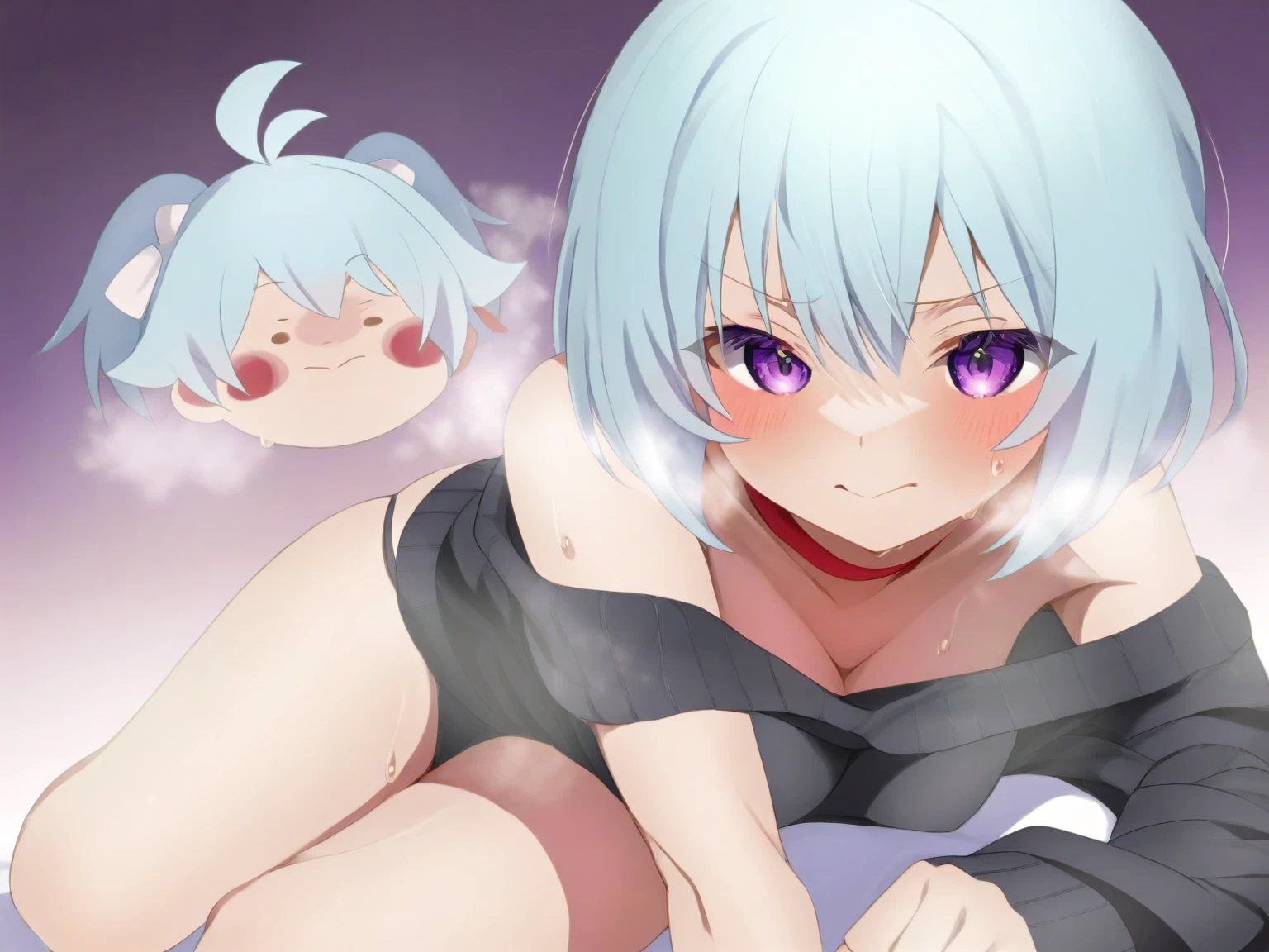 score_9, score_8_up, score_7_up,source_anime, best quality, highres, absurdres, FAVORITE, Hoshizora_no_memoria ,[Ototsu_Yume], White Hair, medium_hair,Red_eye, Red_(string_Hair_Ribbon:2), nude ,NSFW ,Hentai ,cowgirl, legs_spread, (grab_thighs:1.8) , Uncensored, (POV:1.8), lying, open_clothes, orgasm, thigh_focus ,vagina , naked, nude, bare,1mole on left thigh