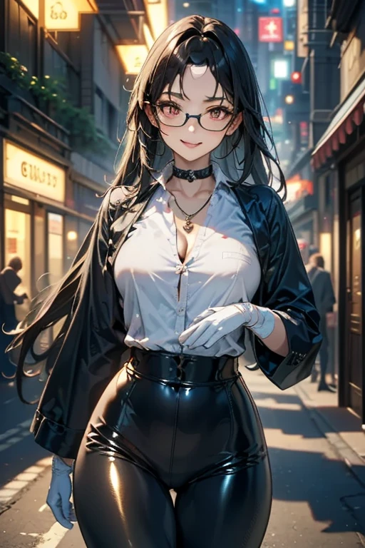 (masterpiece, Best Quality, Very detailed, ultra detailed, High resolution, absurdities, 4k, 8k:1.2), (official art, incredibly good illustration, Extremely detailed CG, detailed background, Professional lighting, dynamic angle, perfect hands, detailed shiny skin, Detailed hair, detailed eyes), 1 woman, big breasts, mature woman, long black wavy hair, Glasses, Mansion, choker:1.6, (white long sleeve button down shirt with white collar), black gloves, gloves that cover hands, (black leather corset), (shiny black leggings), walking, seductive expression, smile on the lips, View from the front