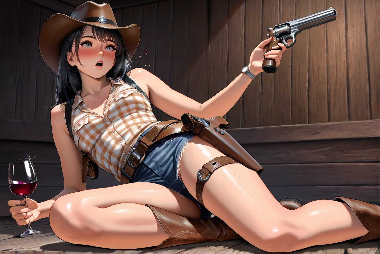 (((Beautiful Naked Cowgirls:2.0))),(((NSFW:2.0))),(((Nude:2.0))),(((Brown gun belt with holster:2.0)),((Wearing the watch:1.5))),((Blushed:1.8)), Beautiful detailed girl, Very detailed目と顔, 緻密でBeautiful Eyes, Very detailed, High resolution, Highest quality, masterpiece, Very detailed, 8k wallpaper, wonderful, finely, Highest quality,(((Standing in front of a wooden wall:2.0)))),Beautiful Eyes,(((Shooting from the feet:3.0))),((Drinking whiskey:1.4)),(((Please place your hand on your chest:3.5))),(((Drunk:1.8))),(((Crying face:1.8))),(((Are standing:1.2)))