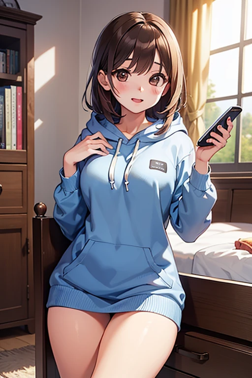 Beautiful 47y young woman with short undercut curly dark blonde hair, tied up hair, with brown eyes wearing ((Tight Silver Low-Rise Leggings), ((Sexy Mock Neck Mid Sleeves Light Blue Shirt With Hood Down)), standing in her bedroom at night, holding her cellphone, (mid-tanned skin), (light brown lipstick), (elegant mascara), (slim body), (small breasts), (wide hips), midjourney, <lora:GoodHands-, <lora:GoodLegs-, UHD, high resolution, (expressive eyes, perfect face, full body, expressive face, perfect body, perfect pussy, athletic, fit, slim body, blushing, Perfect makeup, eyeliner, beautiful eyelashes, smiling, horny face), ((best illumination, best shadows)), ((sexy pose)), score_9_up, score_8_up, score_7_up