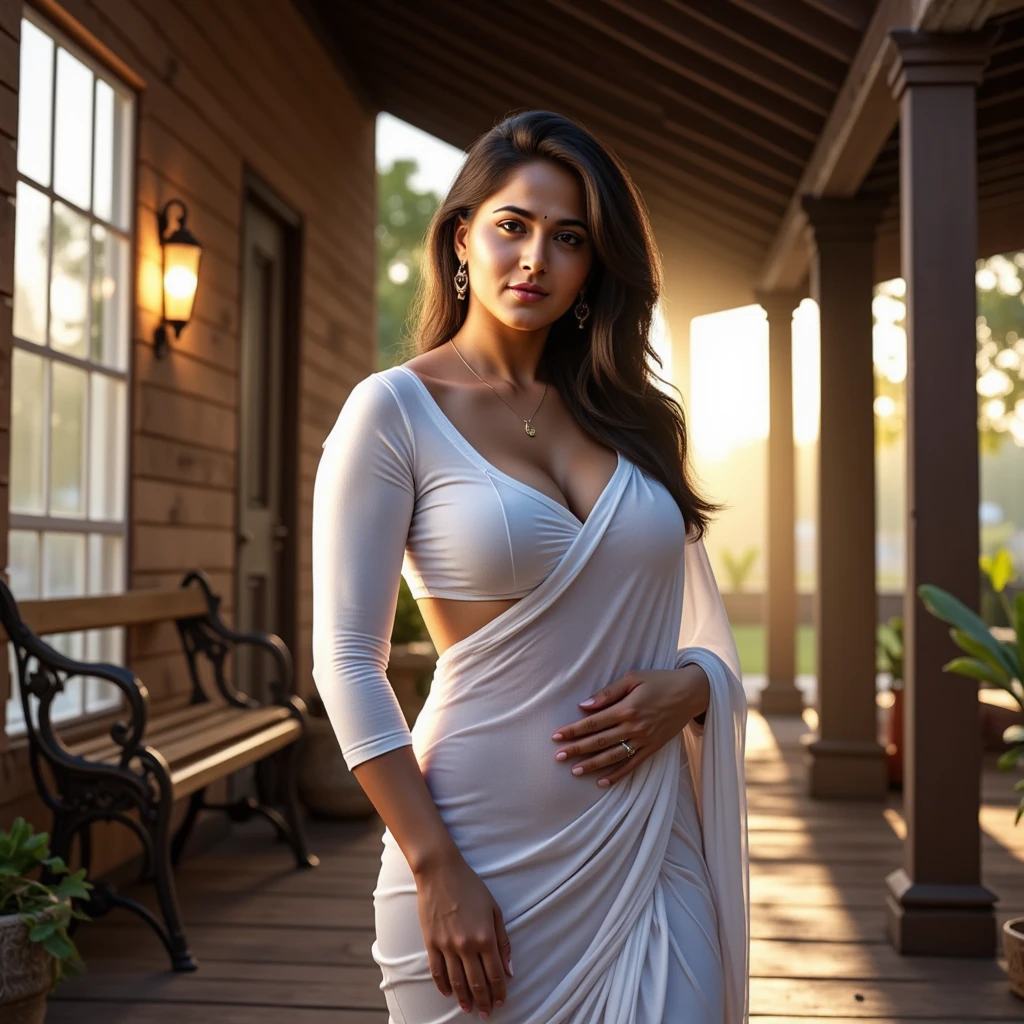 Beautiful woman posing, straight photoshoot pose, full body portrait, moonlit night of the shooting stars, night time, winter, walking on forest path, detailed face, cute, big eyes, iconic, photorealistic, mountain temple, detailed background, big huge large  breasts, huge large round ass，huge large bubble butt ,sexy see through saree, long wavy hair, huge large cleavage, symmetric face, masterpiece, 8k, ultra realistic