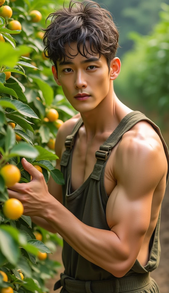 a naked man、Fruit peach、orchard、桃のorchard、blue sky、A lot of peaches fruit on the background、Glowing Skin、Completely naked、Back view、Butt、Short Hair、 shirtless , realistic handsome Korean face , modest muscles , masterpiece、A high resolution、hyperrealism、detailed face、solo、a men、glowing skin、(Asian)、(young、teenager)、Handsome、detailed background